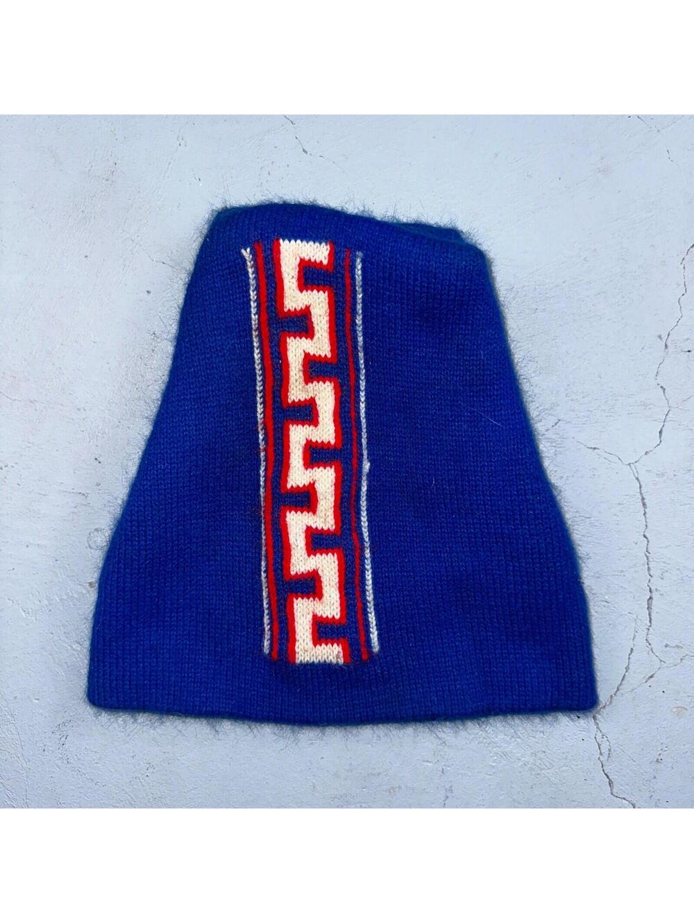 Vintage Geometric Ski Winter Gear Knit Beanie Hat Red & Blue USA 80s S Look
